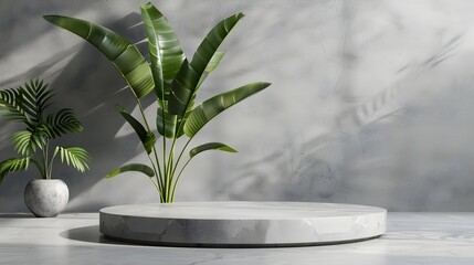 Fototapeta na wymiar Elegant Leaf-Adorned Product Display Podium on Gray Stage Background