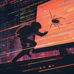 A dynamic scene of a programmer chasing after a literal bug sprinting across lines of code on a computer screen - obrazy, fototapety, plakaty