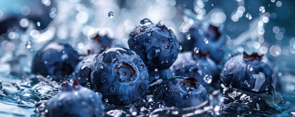 Cut blueberries in a dynamic splash, surreal wide-angle view, liquid explosion, focused on the fruit's delicate details, blue setting - obrazy, fototapety, plakaty