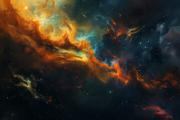 A colorful space scene with orange and blue clouds and stars - obrazy, fototapety, plakaty