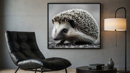 A modern living room setting featuring a large photograph of a hedgehog as the focal point on the wall