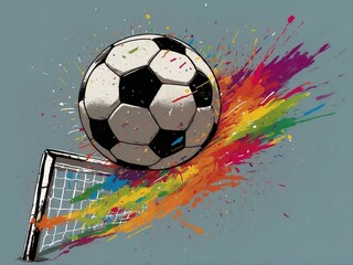 An artistic depiction of a soccer ball hitting the net, resulting in an explosion of colorful paint splashes against a grey backdrop