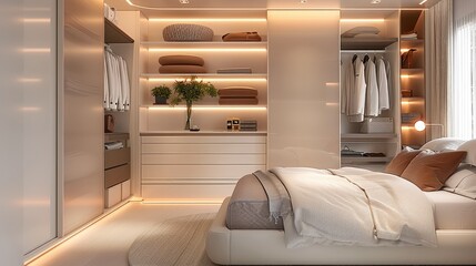 Closet open in a modern minimalist bedroom interior white facades. peach tone in details, Built-in home appliances, work surface lighting. Contemporary home design. Generative AI.