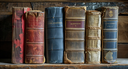 Vintage bookshelf with a collection of aged books against a wooden panel background in antique library