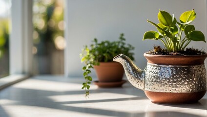 An image showcasing a small green plant inside a unique watering can planter, bathed in sunlight on a sills