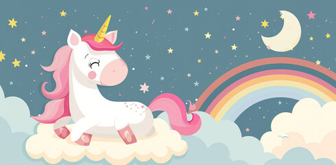 Cute cartoon unicorn with a long mane and tail, surrounded by clouds and rainbows, vector illustration for a children's book