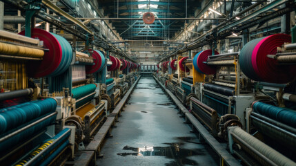 A bustling textile factory with rows of looms and spinning machines, currently at rest but ready to produce fabrics of various colors and patterns