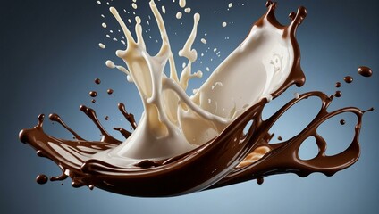 Spectacular moment of chocolate and milk blending in a mid-air splash, depicting movement and flavor