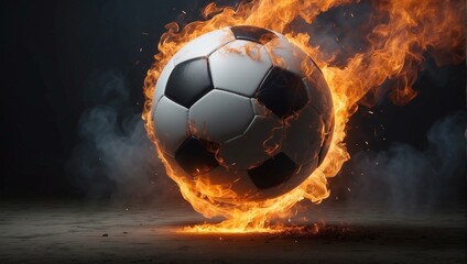 Fototapeta premium Dynamic image of a soccer ball engulfed in bright flames, contrasting dramatically with the dark, smoke-filled background