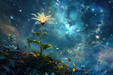 Fototapeta na wymiar A star that sprouts flowers of light, seeding new stars in the cosmic garden