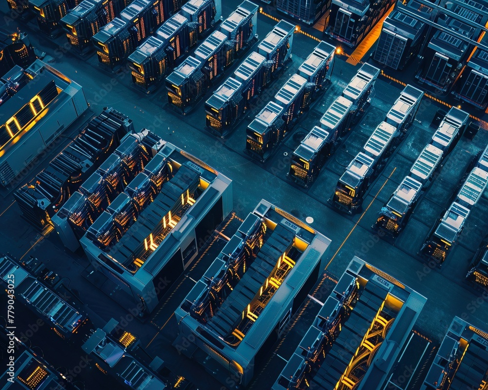Poster an aerial view of a data center, with rows of servers dedicated to cloud computing services