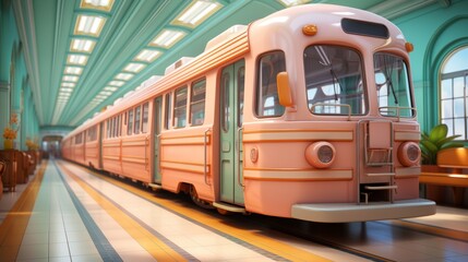 A pink retro train is in a green and pink station - obrazy, fototapety, plakaty