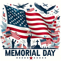 American flags with the text REMEMBER & HONOR White Background. Happy Memorial Day.