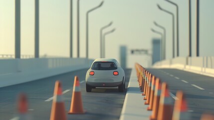 An autonomous car malfunctions, leading to an unexpected detour and minor crash into a roadside barrier - obrazy, fototapety, plakaty