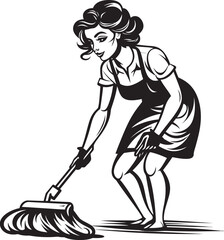 Shining Star Female Cleaner Vector Logo Emblem Tidy Trails Woman Mopping Floor Vector Design Icon