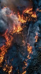 High altitude photograph of a wildfire being managed to create a natural barrier against an advancing force - obrazy, fototapety, plakaty