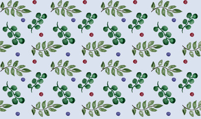 Seamless pattern with green leaves and berries, aplants in a watercolor style.
Vector pattern for posters, prints, textiles and banners. Seamless pattern, watercolor drawing