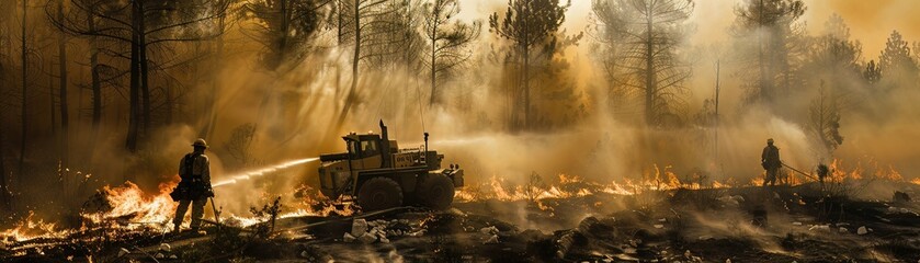 Military engineers constructing a fire resistant barrier to protect a critical facility from wildfire spread - obrazy, fototapety, plakaty