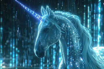 Rendered in 3D, a majestic unicorn stands in a holographic field, binary stars shimmering in its mane, tech elegance