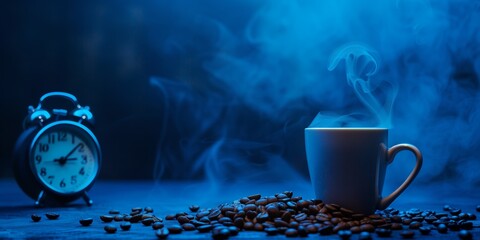 Brewed Coffee and Vintage Alarm Clock with Coffee Beans