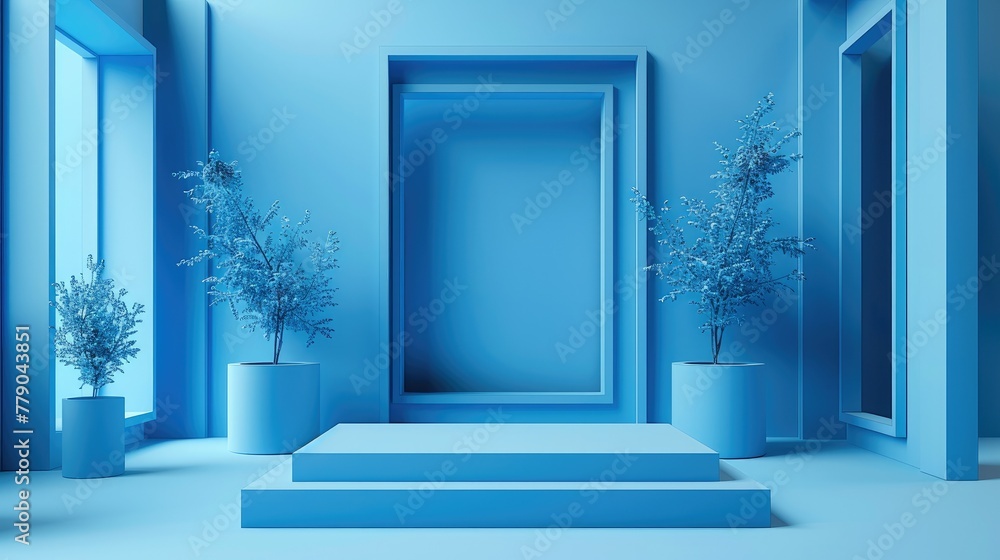 Poster A 3d render of neatly organized several simple minimalistic frames on an isolated cobalt blue background. Generative AI.