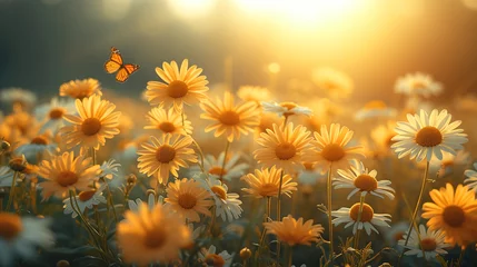 Gordijnen Sunlit Daisy in the Gold beauty of a field with fluttering butterflies landscape © S-Rika