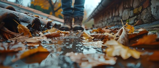 Gutter Cleaning Ritual: Fall Leaves Clearance. Concept Gutter Maintenance, Fall Cleanup, Leaf Removal, Seasonal Chores - obrazy, fototapety, plakaty