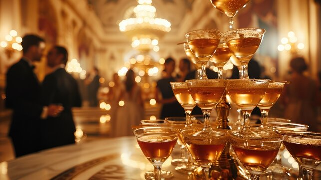 A party with well dressed people in a fancy hotel lobby in the foreground a tower of the same glasses full , night light, party, same glasses, 40 glasses in high pyramid. Generative AI.