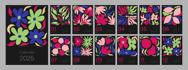 Floral calendar template for 2025. Vertical design with bright colorful flowers and leaves. Editable illustration page template A4, A3, set of 12 months with cover. Vector mesh. Week starts on Sunday