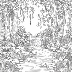 Black and white line drawing of a jungle scene with a river running through it