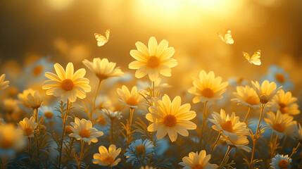 Sunlit Daisy in the Gold beauty of a field with fluttering butterflies landscape