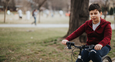 Fototapeta premium Happy young boy riding a bicycle outdoors in an urban park, enjoying the leisure and freedom of childhood.