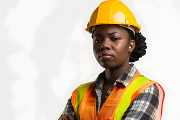 portrait of a black woman construction worker white backgrounds.  - Powered by Adobe