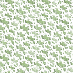 Pale green monochrome hand drawn fictional birds repeated in seamless pattern. Subtle fantasy light green birds and feathers on white backdrop in attractive surface art design.