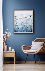 Painting of white flowers in blue vase on blue background,watercolor, home interior, wall art, blue and white, minimalist