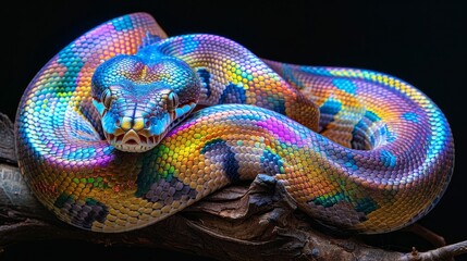 Rainbow boa constrictor on branch with iridescent scales shimmering in dramatic lighting - obrazy, fototapety, plakaty