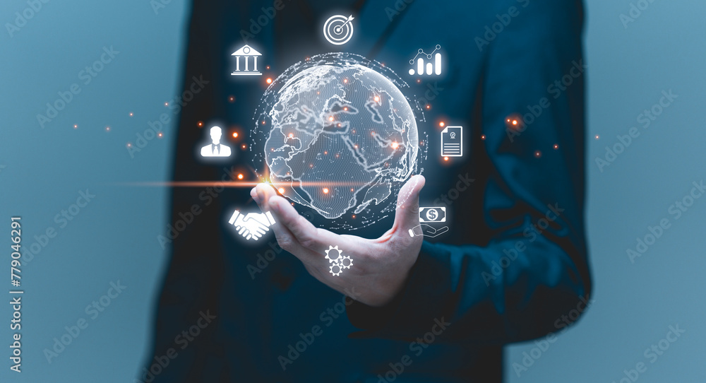 Poster big data analytics and business intelligence concept. businessman holding global network connection.