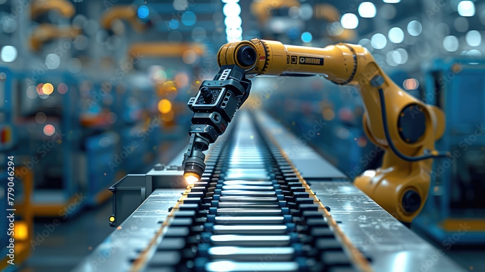 Leinwandbilder Inside a clean technical workshop, high-tech automated equipment industrial robotic arm, working on a conveyor belt. Generative AI.