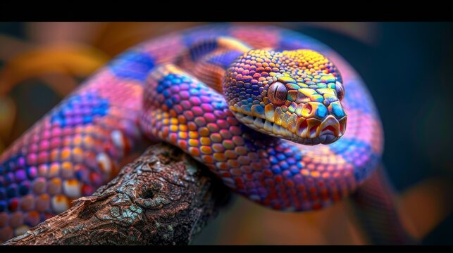 Rainbow boa on branch with iridescent scales reflecting full spectrum colors in dramatic lighting
