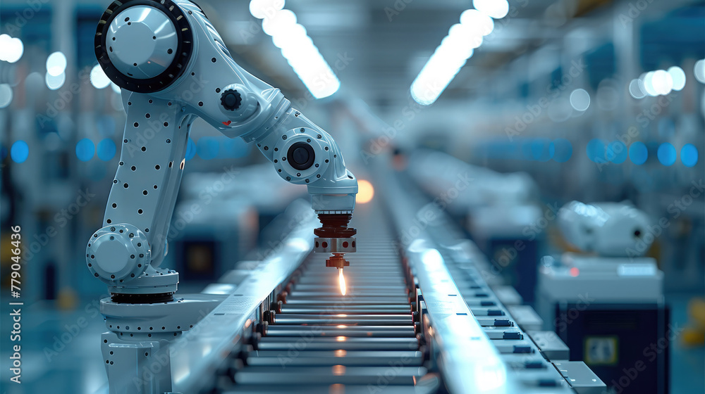 Poster inside a clean technical workshop, high-tech automated equipment industrial robotic arm, working on 