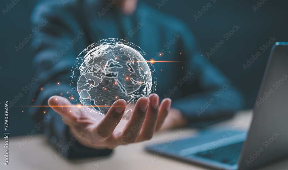 Poster big data analytics and business intelligence concept. businessman holding global network connection.