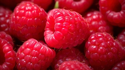 A photo of a close-up of freshly picked raspberries