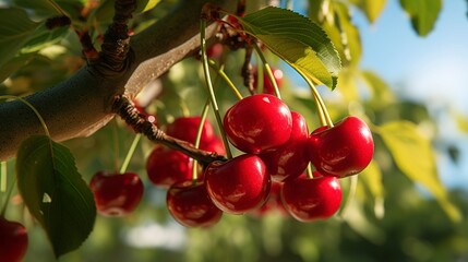 Obraz premium A photo of a close-up of ripe cherries on a fruit tree