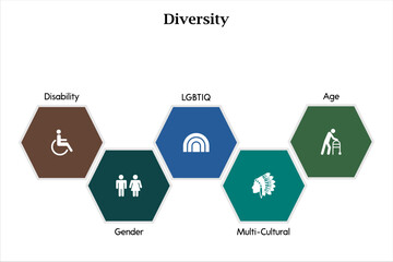 Five categories of Diversity - Disability, Gender, LGBTQ, Multi Cultural, Age. Infographic template with icons and description placeholder