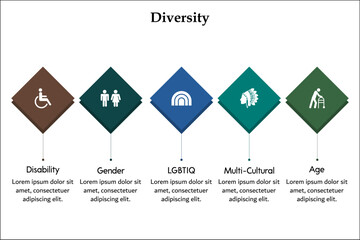 Five categories of Diversity - Disability, Gender, LGBTQ, Multi Cultural, Age. Infographic template with icons and description placeholder