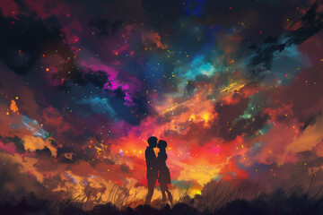 A couple is kissing in the sky with a colorful background