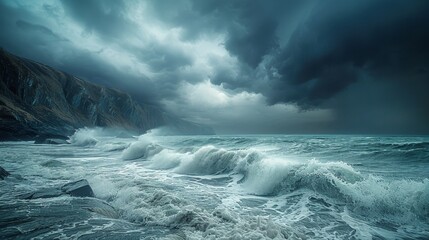 Dramatic coastal scene  stormy skies, crashing waves, moody atmosphere in high res photography