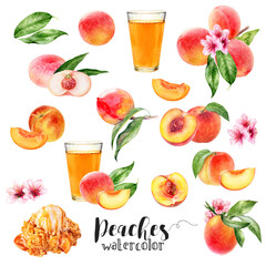 Watercolor illustration of peaches set close up. A large set with different peach varieties, on a branch with leaves, flowers, glass of juice and sliced peaches. 