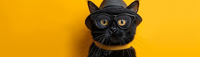 Black cat wearing a hat and glasses on a yellow background  - obrazy, fototapety, plakaty