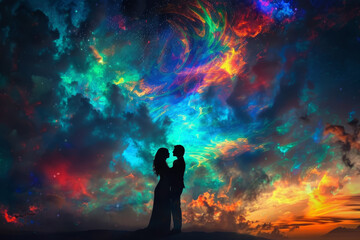 Fototapeta premium A couple is standing in front of a colorful sky with a rainbow